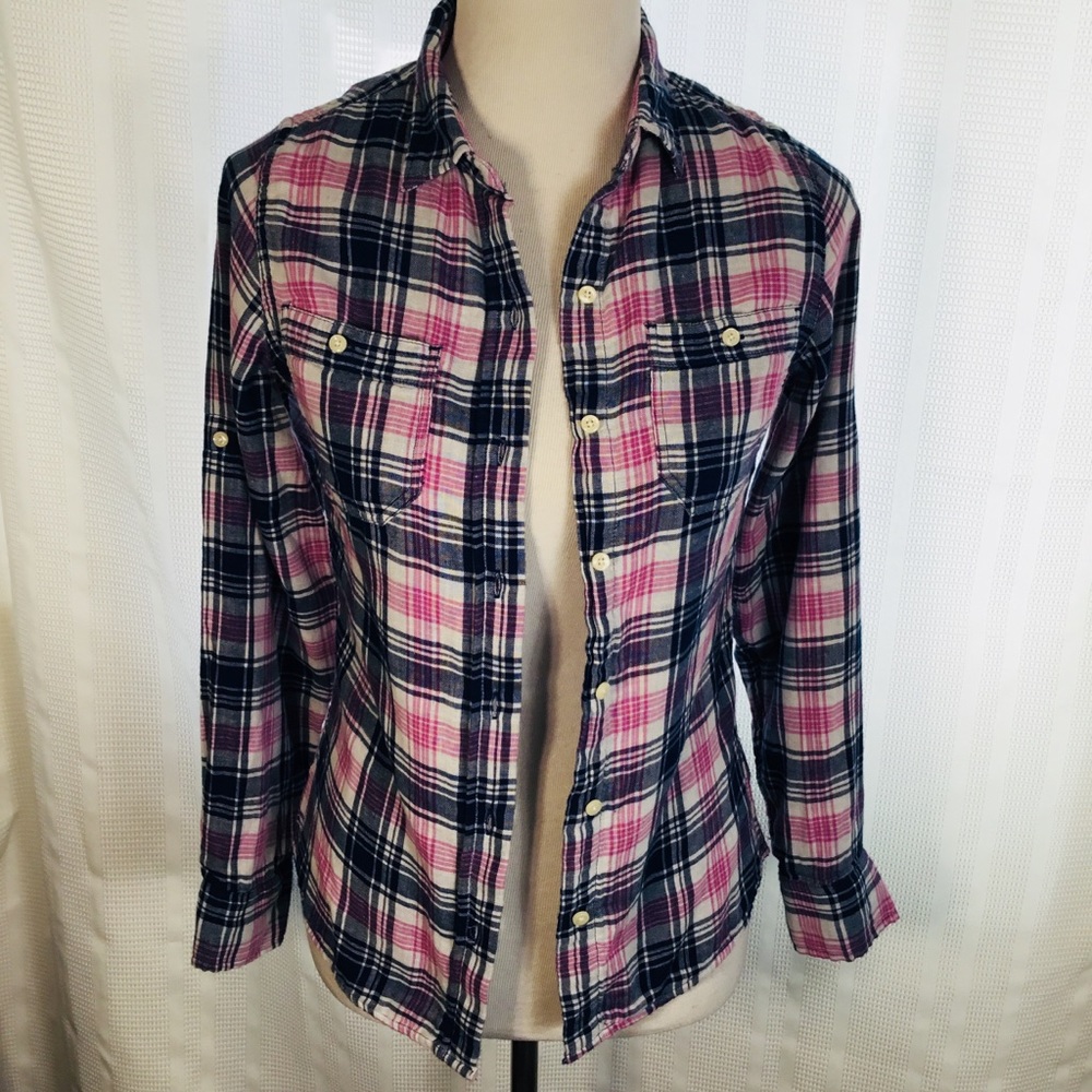 JACHS Girlfriend Pink Blue Plaid Long Sleeve Top
